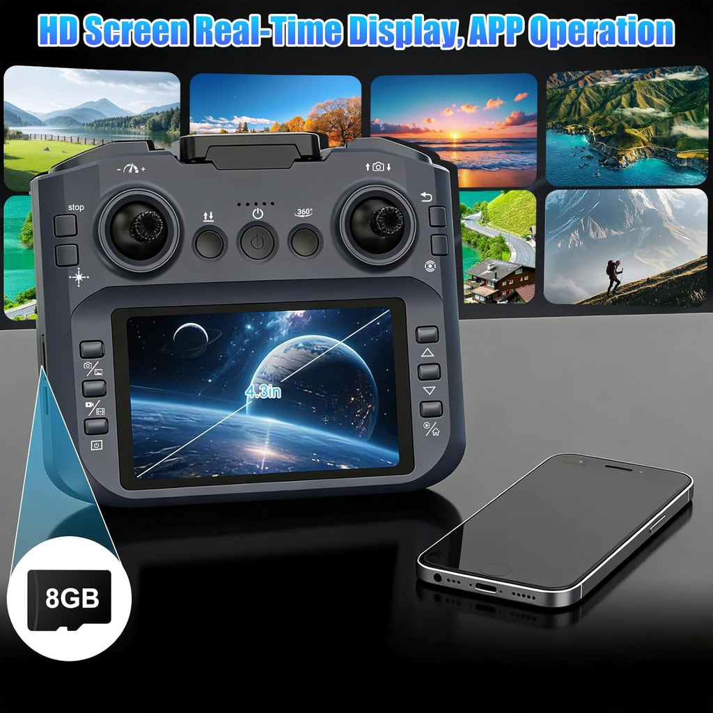 OBEST Drone with Camera, 4.3 Inch Screen Remote Control, Electric Adjustable Camera, App Control, Brushless Motor, Intelligent Barrier Protection, FPV Drones for Beginners
