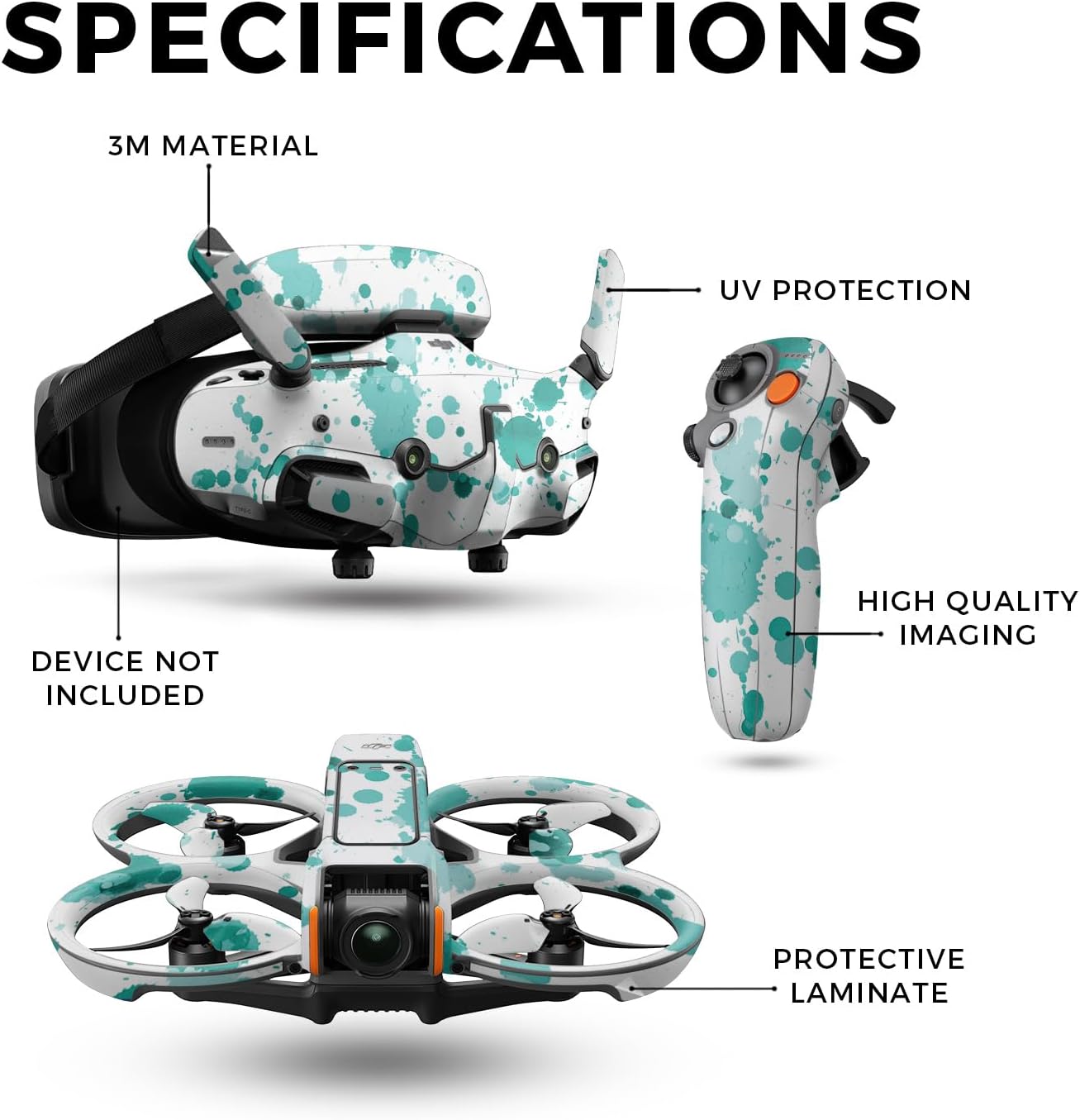 Drone Skin Compatible with DJI Avata 2 Bundle (2024) - Teal Splatter - Premium 3M Vinyl Protective Wrap Decal Cover - Easy to Apply | Crafted in The USA by MightySkins