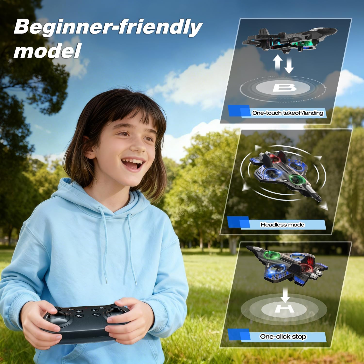 Foam Remote Control Airplanes, RC Planes with Light, RC Airplane Fighter Jet for Kids Adults 8-16, 360¡ã Flip, Stunt Roll, Drones for Kids 8-12, Airplane Toy Gifts for Kids Boys(Blue)