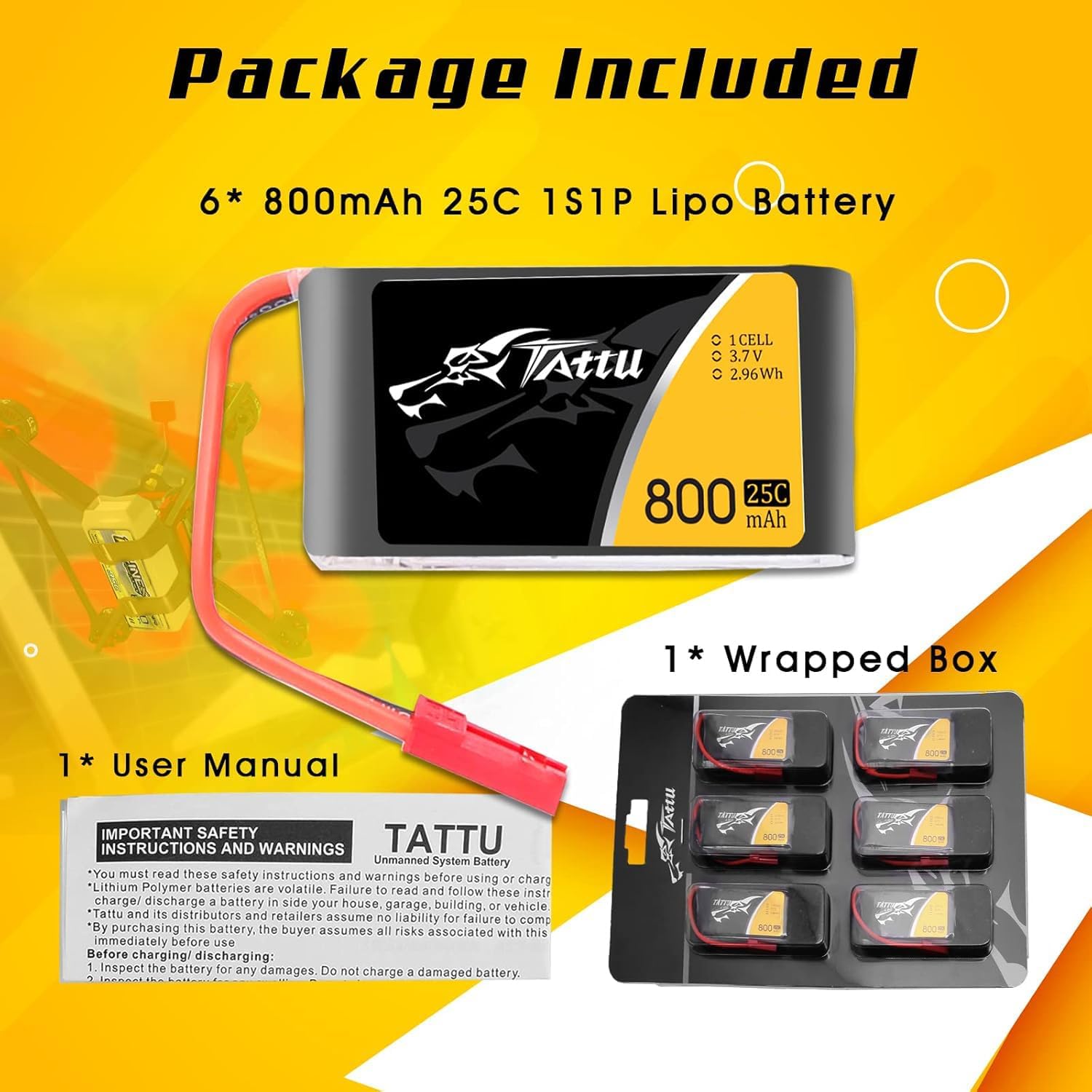 TATTU 3.7V 800mAh 25C 1S LiPo Battery Pack with JST Plug for F181 MJX X400 X400W X800 Holy Stone X200 X300C X500 Sky Viper S670 V950str V950hd HS110 HS200 Syma X56W HS200W RC Quadcopter(6 Pcs)
