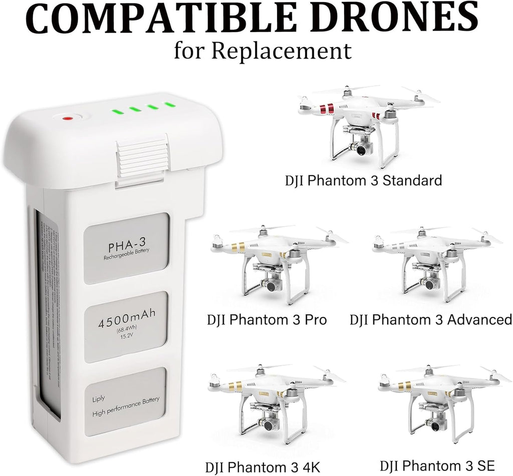 Phantom 3 Battery for DJI, 2 Pack 4500mAh-15.2V Intelligent Flight Battery for DJI Phantom 3/3 Pro/3 Advanced/3 4K/3 SE Drone Replacement