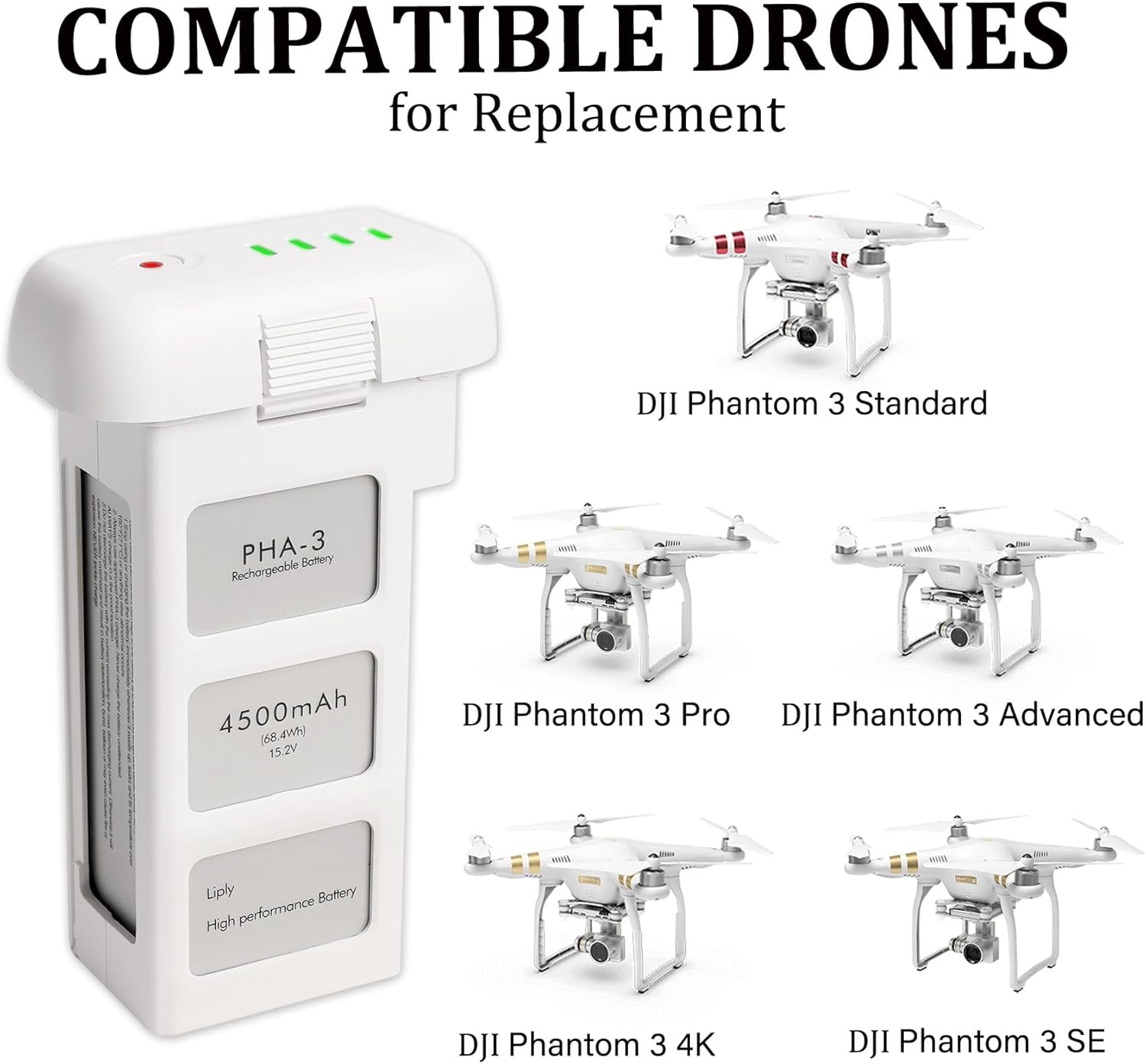 Phantom 3 Battery for DJI, 2 Pack 4500mAh-15.2V Intelligent Flight Battery for DJI Phantom 3/3 Pro/3 Advanced/3 4K/3 SE Drone Replacement