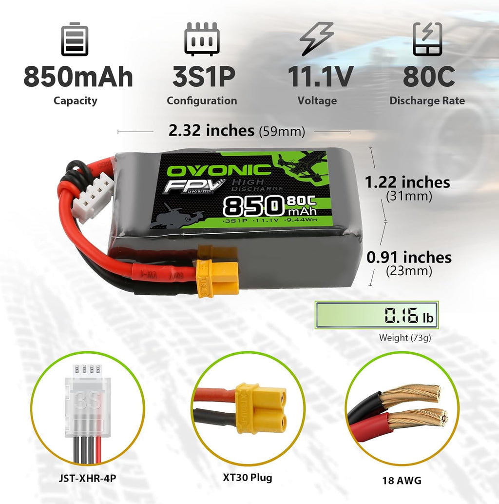 OVONIC Lipo Battery 850mAh 80C 11.1V 3S RC Battery with XT30 Connector for RC Plane DJI Quadcopter RC Airplane RC Helicopter RC Car Truck Boat 2pcs