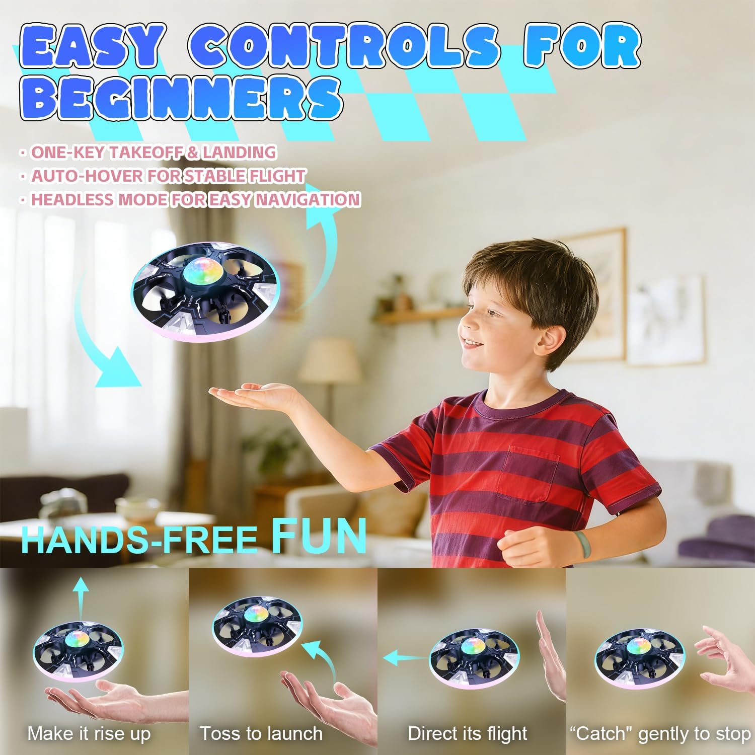 Mini UFO Drone for Kids ¨C Safe RC Toy with 7 LED lighting modes, 360¡ã Flips, Light Projection onto Ceilings, Auto Hover, Hand Gesture, 2 Batteries(14 Min Flight), Ideal Fun Gift for Kids