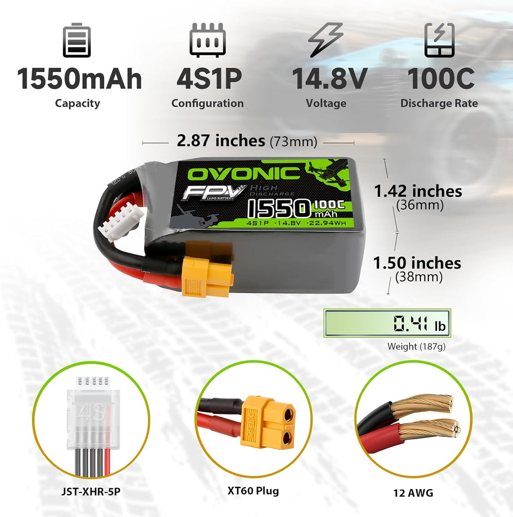 OVONIC 4s Lipo Battery 100C 1550mAh 14.8V Lipo Battery with XT60 Connector for RC FPV Racing Drone Quadcopter(2 Packs)