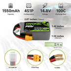 OVONIC 4s Lipo Battery 100C 1550mAh 14.8V Lipo Battery with XT60 Connector for RC FPV Racing Drone Quadcopter(2 Packs)
