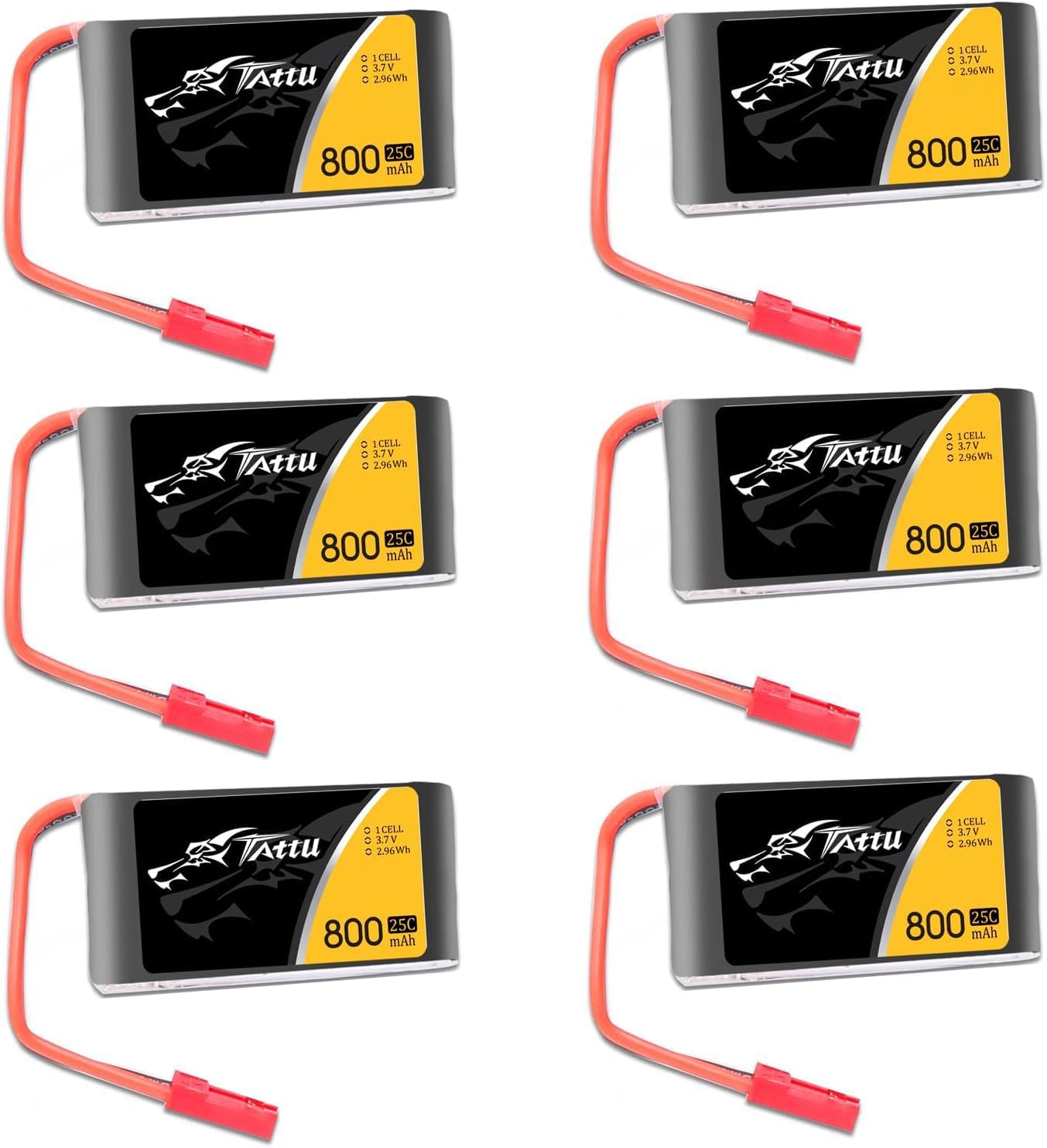 TATTU 3.7V 800mAh 25C 1S LiPo Battery Pack with JST Plug for F181 MJX X400 X400W X800 Holy Stone X200 X300C X500 Sky Viper S670 V950str V950hd HS110 HS200 Syma X56W HS200W RC Quadcopter(6 Pcs)