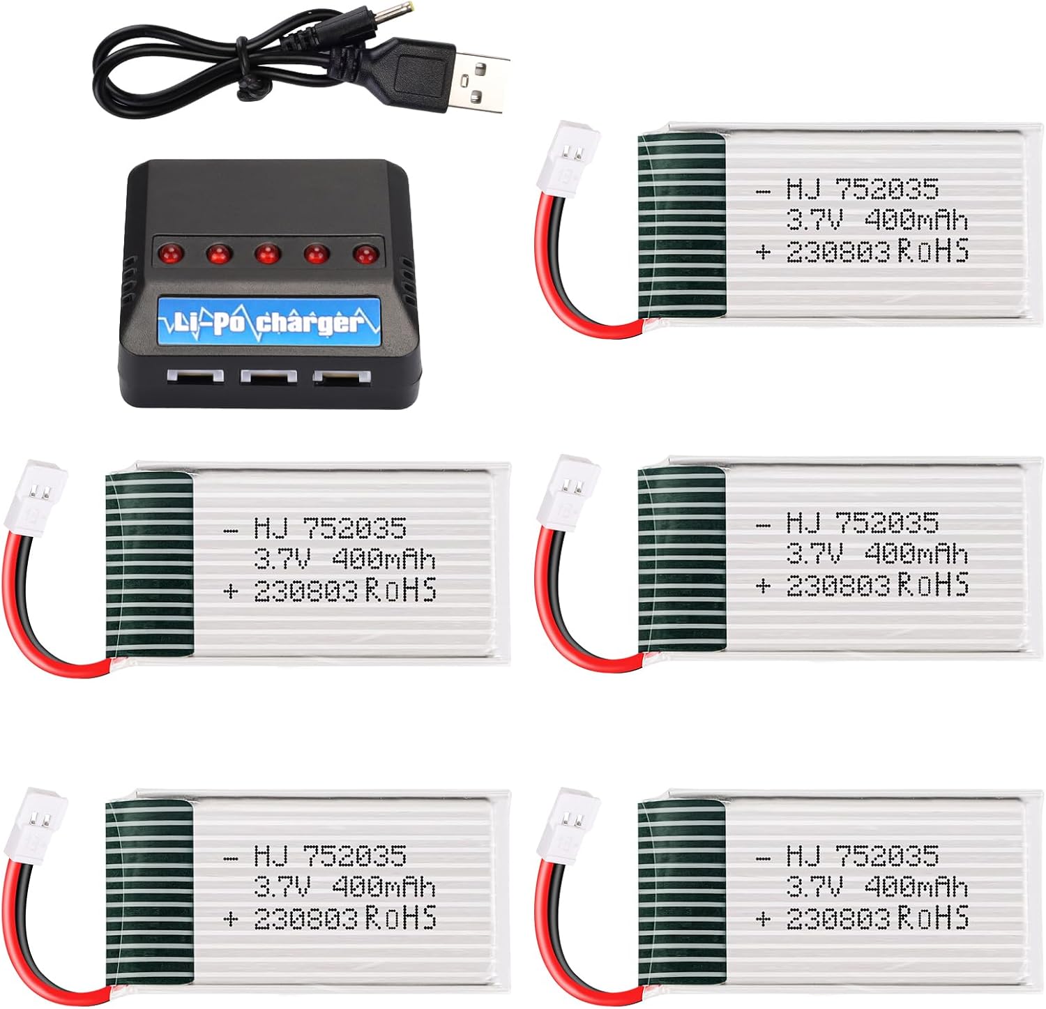 Crazepony 3.7V 400mAh Lipo Battery 5-Pack Lipo Battery with 5-in-1 Battery Charger for Syma H99W H31 H6C H98 TR-C385 TR-P51 TR-F22 Quadcopter