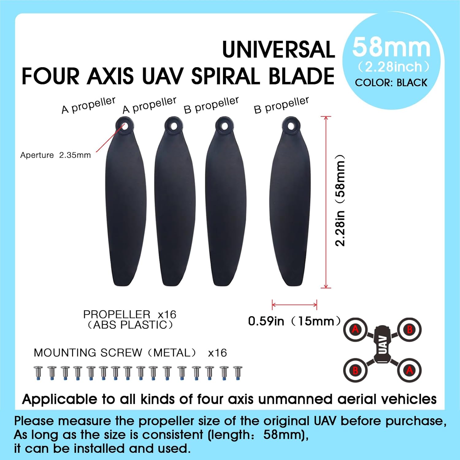 Universal 58mm/2.28In Drone Propellers for S162¡¢S116¡¢S112¡¢XK5¡¢SG108¡¢L108¡¢S3¡¢S9¡¢M8¡¢RG101¡¢A13¡¢S1S¡¢K918 Models - Replacement Drone Accessories with Stable and Low-Noise Operation 16-Pack (Black)