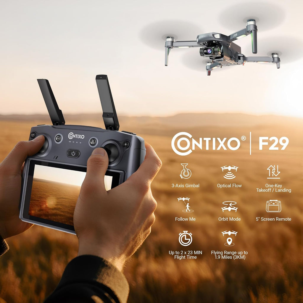 Contixo Foldable 4K Cinematic F29 Drone for Adults & Hobbyists, 3-Axis Gimbal, 5 Touchscreen Remote, GPS Return Home, Follow Me, Orbit Mode, Brushless Motor, 46 Min Flight Time (2 Batteries), 3KM Range