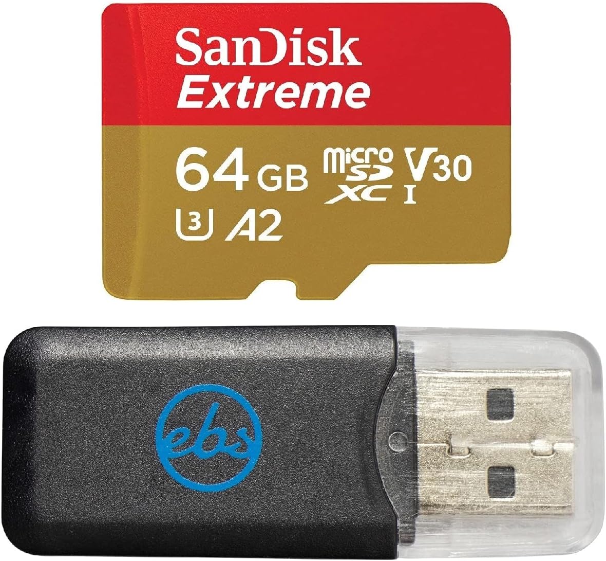 SanDisk Extreme 64GB V30 A2 microSDXC Memory Card for DJI Drones Works with Mini 3 Pro, Mini 3, DJI RC (SDSQXA2-064G-GN6MN) Class 10 Bundle with (1) Everything But Stromboli Micro SD Card Reader