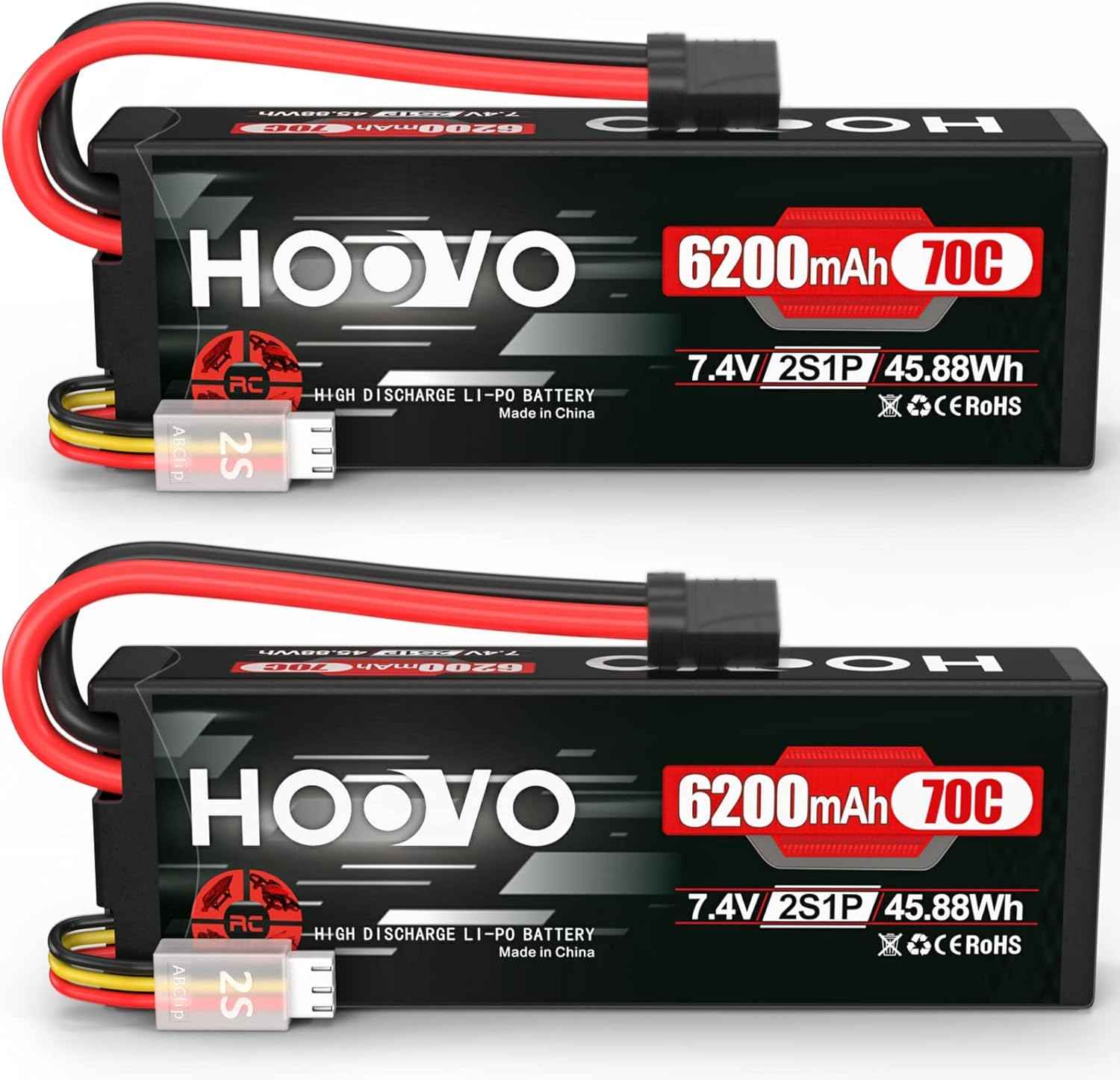 HOOVO 7.4V 70C 6200mAh 2S Lipo Battery Hard Case with Tracxas Plug for RC Car RC Helicopter RC Truck RC Truggy Airplane Quadcopter UAV Drone FPV (2 Packs