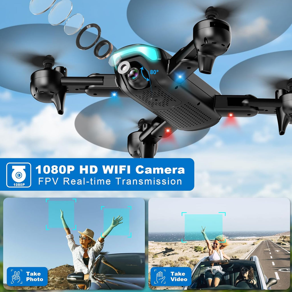 Drone with 1080P Camera, Foldable Drone for Beginners with Light, Upgrade Altitude Hold, Gesture Selfie, Waypoint Fly, 3D Flip, 3 Speed Mode, Circle Fly, One Key Start