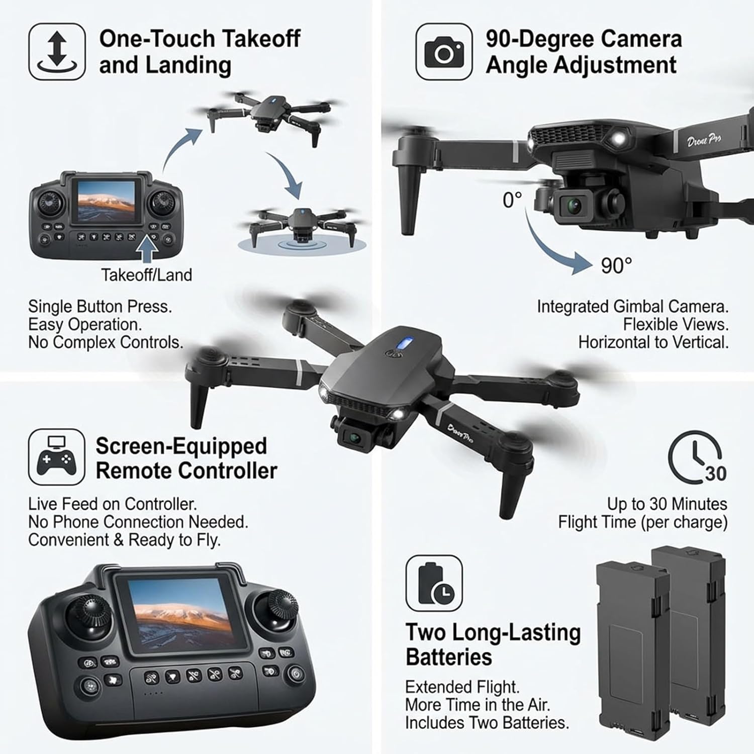 E88 Drone with Screen Controller with SD card, Foldable Mini Drone for Beginners, 2 Batteries, 360¡ã Flips Waypoint Fly, Active Obstacle Avoidance, One Key Take Off/Landing. (2 batteries - Black)