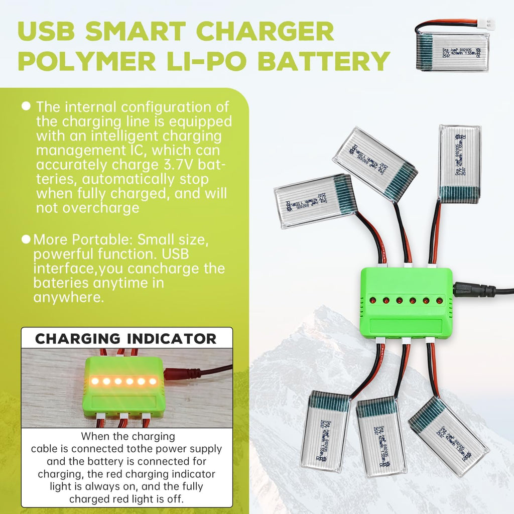 sea jump 6PCS 3.7V Lipo Battery 420mAh 25C with 6in1 Charger Molex Plug Compatible with Most RC Drone Quadcopters, Aerial Drones, Gliders, Robot Batteries