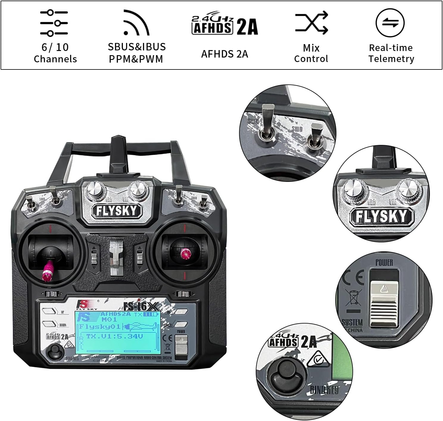HAWK'S WORK FS-i6X 10 Ch Transmitter, 2.4GHz RC Controller with FS-iA6B Receiver for Drone Multirotor Airplane Helicopter Car Tank Boat (i6X+ iA6B)