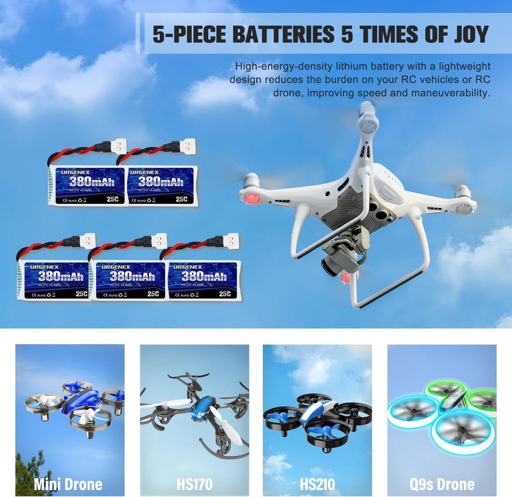 URGENEX 5PCS 3.7V 380mAh Drone Battery 25C 1S Lipo Battery with 5in1 Charger for SYMA Q11 AT-96 TR-C385 TR-P51 TR-F22 H99W H31 H6C H98 Holy Stone HS170G HS170 HS170C HS230 Drone Quadcopter Aircraft