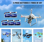 URGENEX 5PCS 3.7V 380mAh Drone Battery 25C 1S Lipo Battery with 5in1 Charger for SYMA Q11 AT-96 TR-C385 TR-P51 TR-F22 H99W H31 H6C H98 Holy Stone HS170G HS170 HS170C HS230 Drone Quadcopter Aircraft