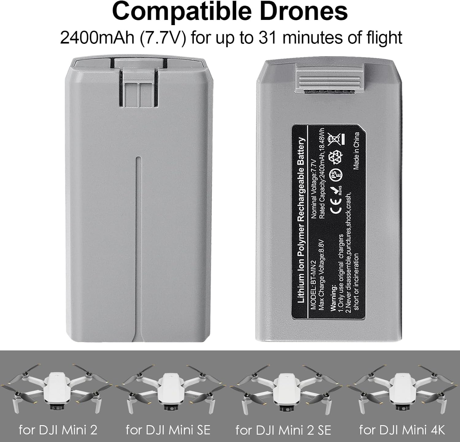 Mini 4K/2 Series Intelligent Flight Battery(2 Pack) with Two-Way Charging Hub, 31mins Max Flight, 2400mAh-7.7V Replacement Battery Fly More kit for DJI Mini 4K/2/2 SE/SE