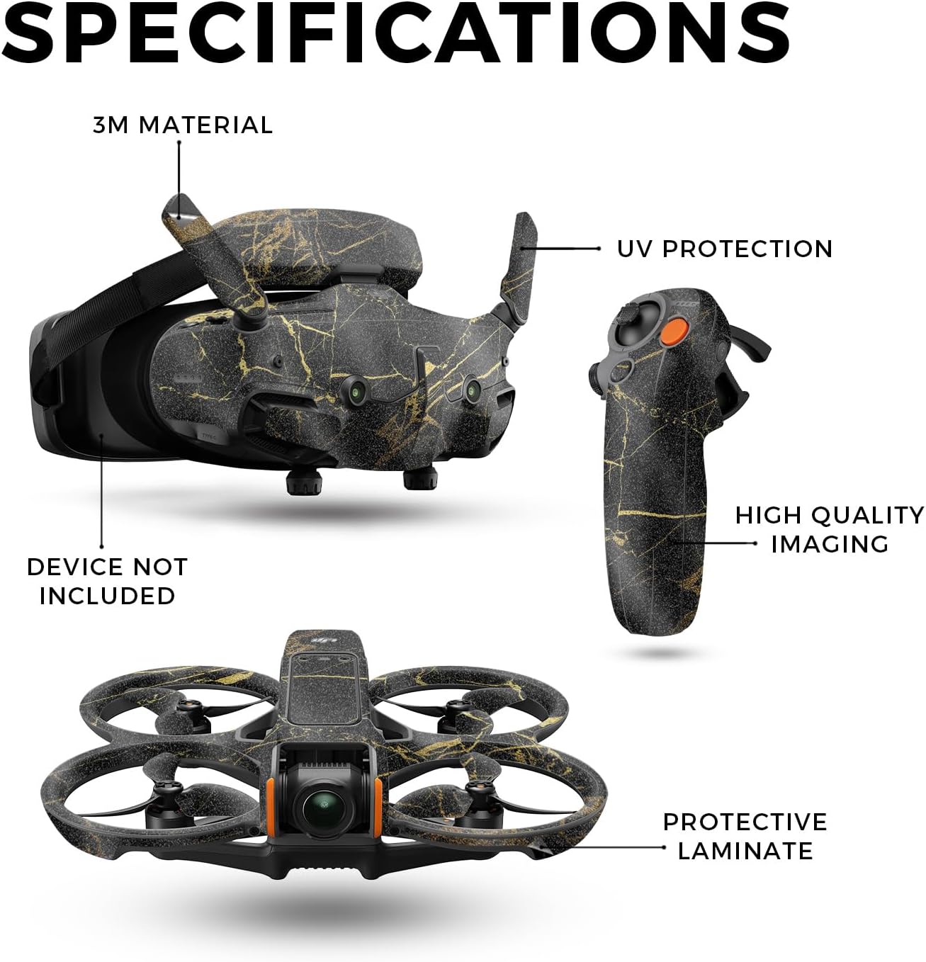 Glossy Glitter Drone Skin Compatible with DJI Avata 2 Bundle (2024) - Black Gold Marble - Premium 3M Vinyl Protective Wrap Decal Cover - Easy to Apply | Crafted in The USA by MightySkins
