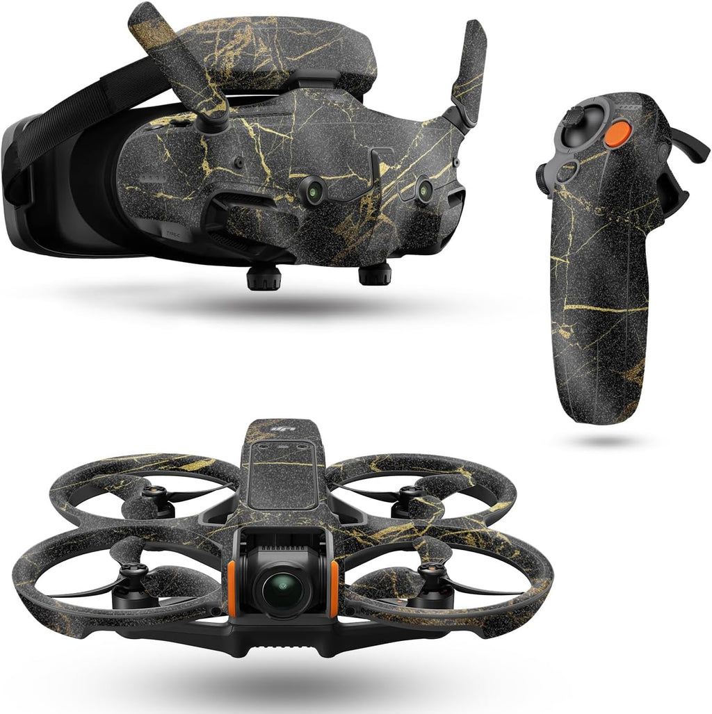 Glossy Glitter Drone Skin Compatible with DJI Avata 2 Bundle (2024) - Black Gold Marble - Premium 3M Vinyl Protective Wrap Decal Cover - Easy to Apply | Crafted in The USA by MightySkins