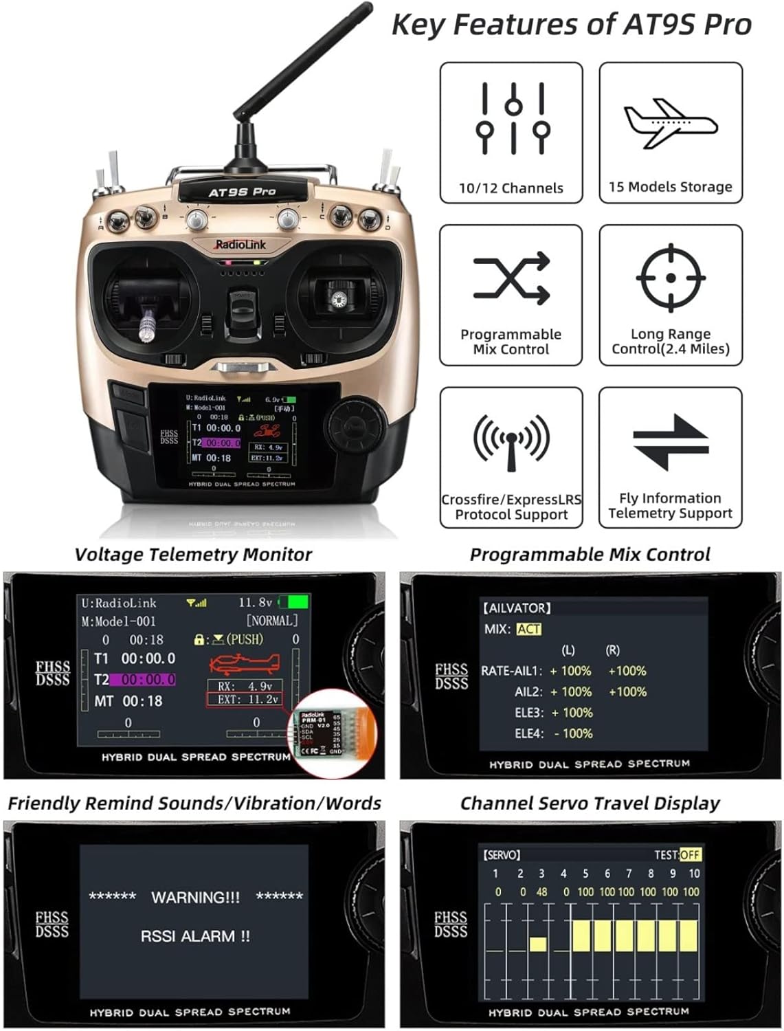 HTLNUZD Radiolink AT9S Pro 2.4G Radio Controller Transmitter 10/12 Channels DSSS & FHSS Communication with R9DS Receiver, for RC FPV Racing Drone Truck Car Boat (Golden-Radiolink AT9S Pro)