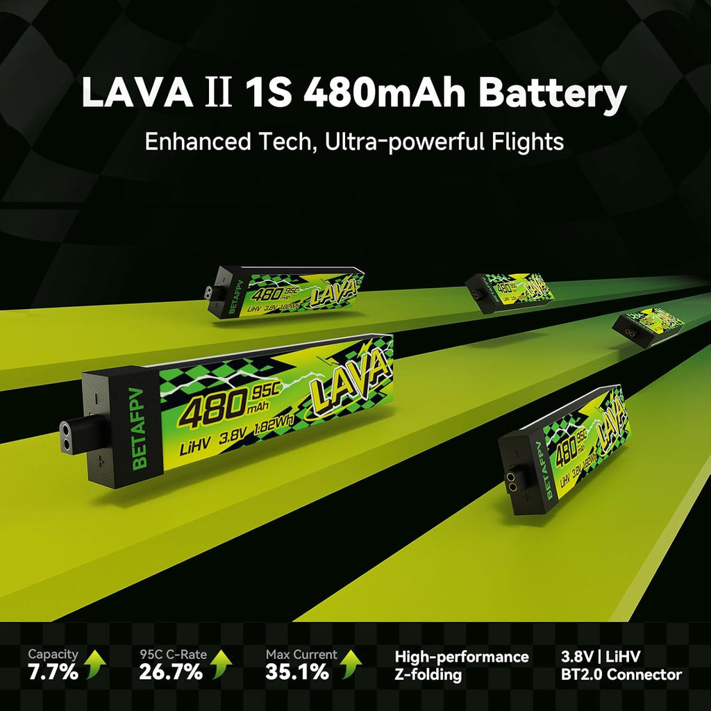 BETAFPV 4pcs Lava II 1S 480mAh Battery 3.8V 95C LiHV Battery with BT2.0 Connector Compatible with 1-2S Tiny Whoop Drone Quadcopter Like Air75, Meteor75 Pro, Cetus Pro, Cetus X Brushless Drones