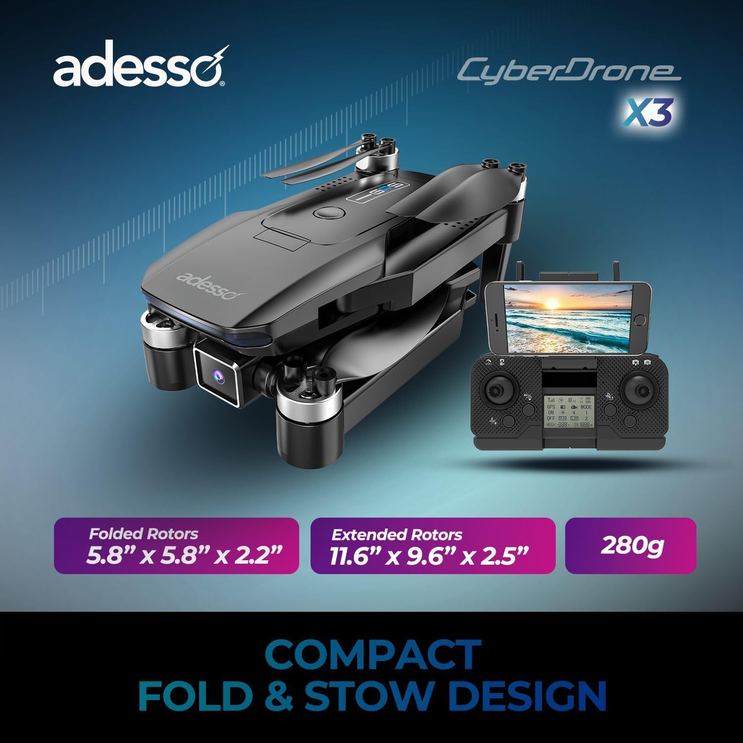 Adesso CyberDrone X3 2K FPV Camera Drone GPS WiFi 300 Meter Range Dual Control Lightweight Quadcopter with Gimbal and Remote