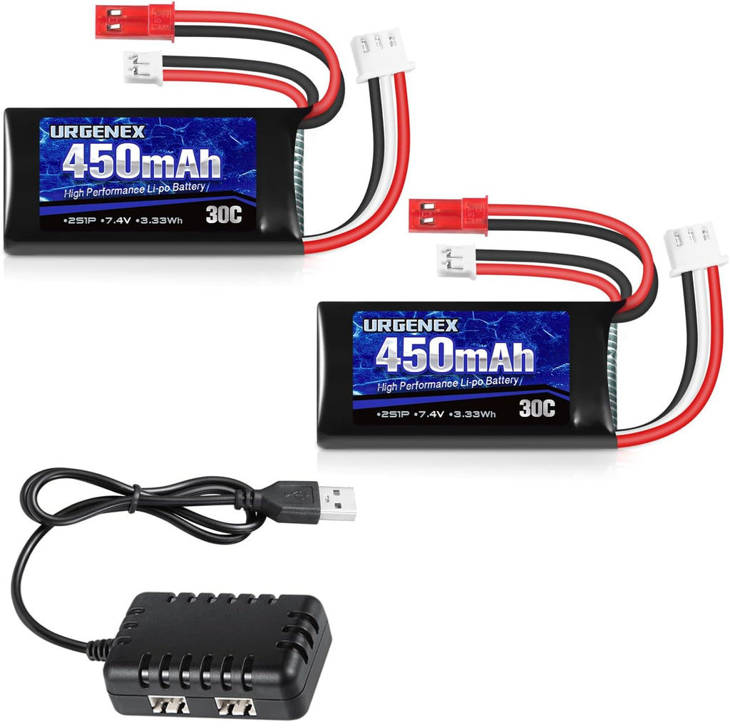 URGENEX 7.4V Lipo 2S 30C 450mAh Rechargeable Lipo with JST & PH2.0 Plug SCX24 with 1to2 USB Charger Fit for Most 1/10, 1/16, 1/18, 1/24 Scale RC Car Truck and RC Drone Airplane
