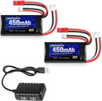 URGENEX 7.4V Lipo 2S 30C 450mAh Rechargeable Lipo with JST & PH2.0 Plug SCX24 with 1to2 USB Charger Fit for Most 1/10, 1/16, 1/18, 1/24 Scale RC Car Truck and RC Drone Airplane