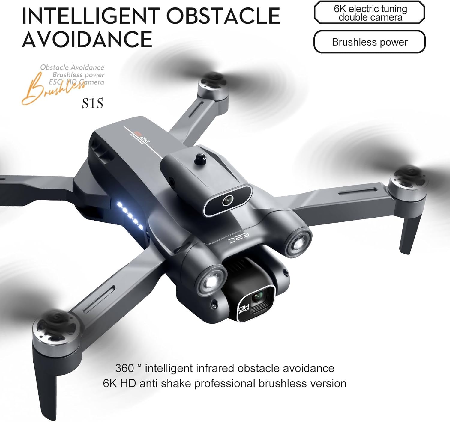 Sonilco S1S Mini Drone with Dual Lens Camera, Brushless Motor, 4-Sided Obstacle Avoidance, LED Light Bar, Altitude Hold, One-Key Return, Wi-Fi FPV, 18min Flight Time, 2 Batteries ¨C Foldable Design (Ages 14+)