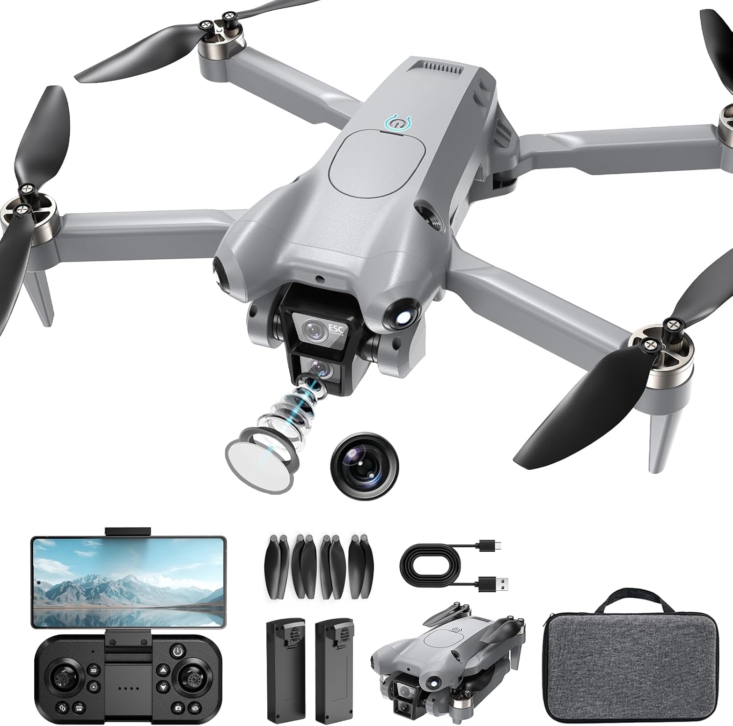 PRO Drone with Camera for Adults 4K,Brushless Motors Drone for Kids Beginners,40mins Flight Time with 2 Batteries,FPV Foldable RC Quadcopter,Toys Gifts for Teen Boys Girls, Beginner£¨Grey£©