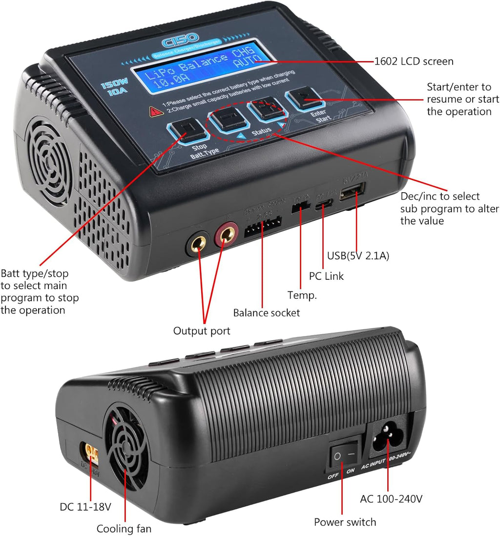 LiPo Battery Charger, 150W 10A RC Balance Fast Battery Charger Discharger for 1S-6S LiPo/Li-ion/Life/LiHV Battery 1-15S NiMH/NiCD PB Smart Batteries RC Car Drone