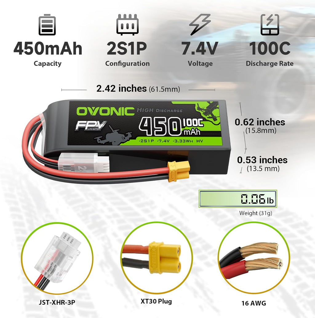 OVONIC 2S 450mAh Lipo Battery 7.4V 100C High Voltage Battery with XT30 Plug for RC Car Truck RC Vehicles Boat Drone RC Airplane Quadcopter Helicopter FPV Racing Hobby Models [4pcs]