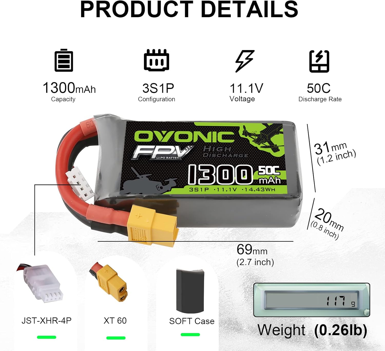 OVONIC 3S Lipo Battery 50C 1300mAh 11.1V Lipo Battery with XT60 Connector for RC FPV Racing Drone Quadcopter