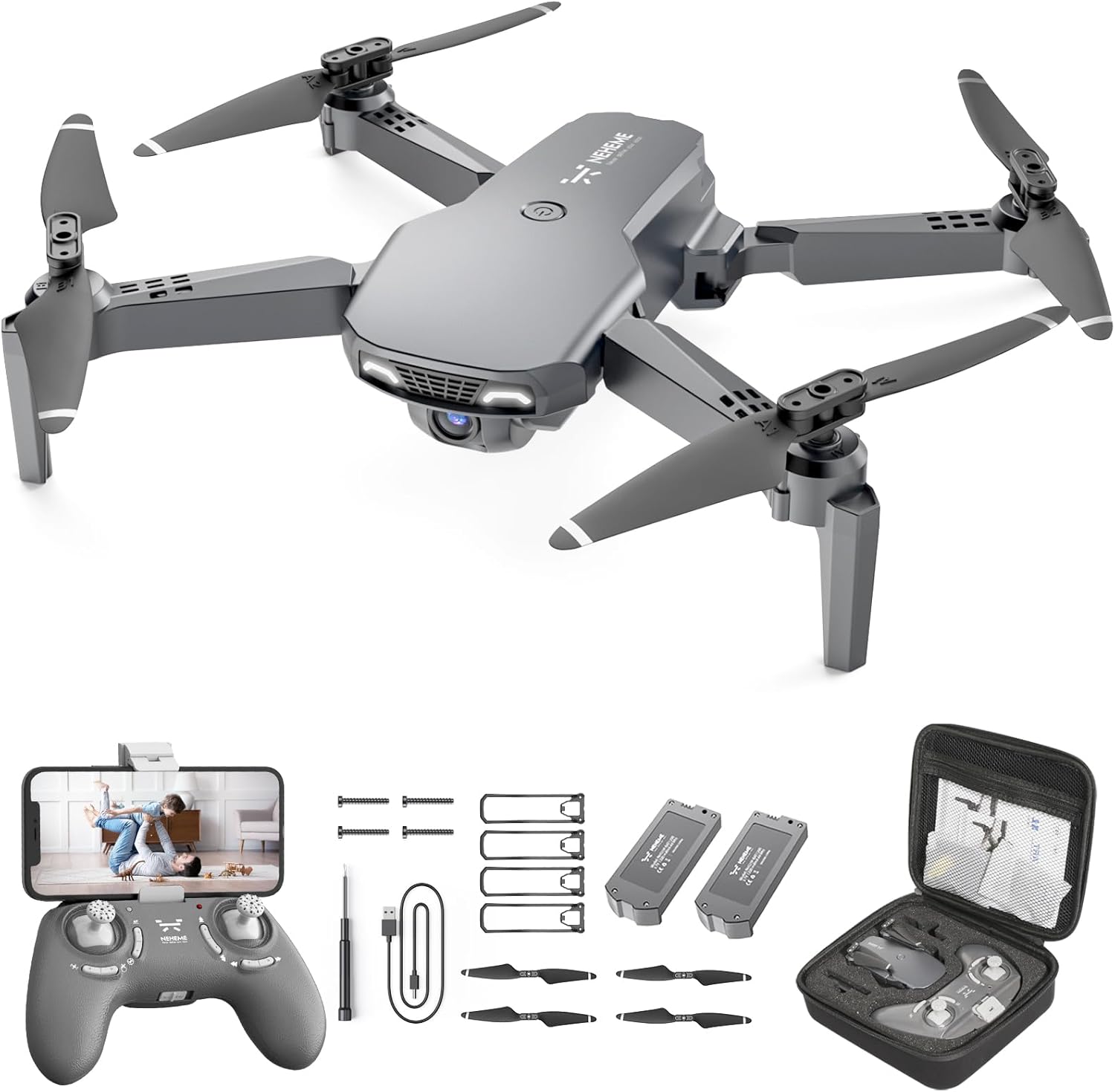 NEHEME Drones for Kids with Camera - Remote Control Helicopter Toys Gifts for Boys Girls, 1080P HD FPV RC Quadcopter for Adults, One Key Start/Land, Altitude Hold, Gravity Control, 2 Batteries, Grey