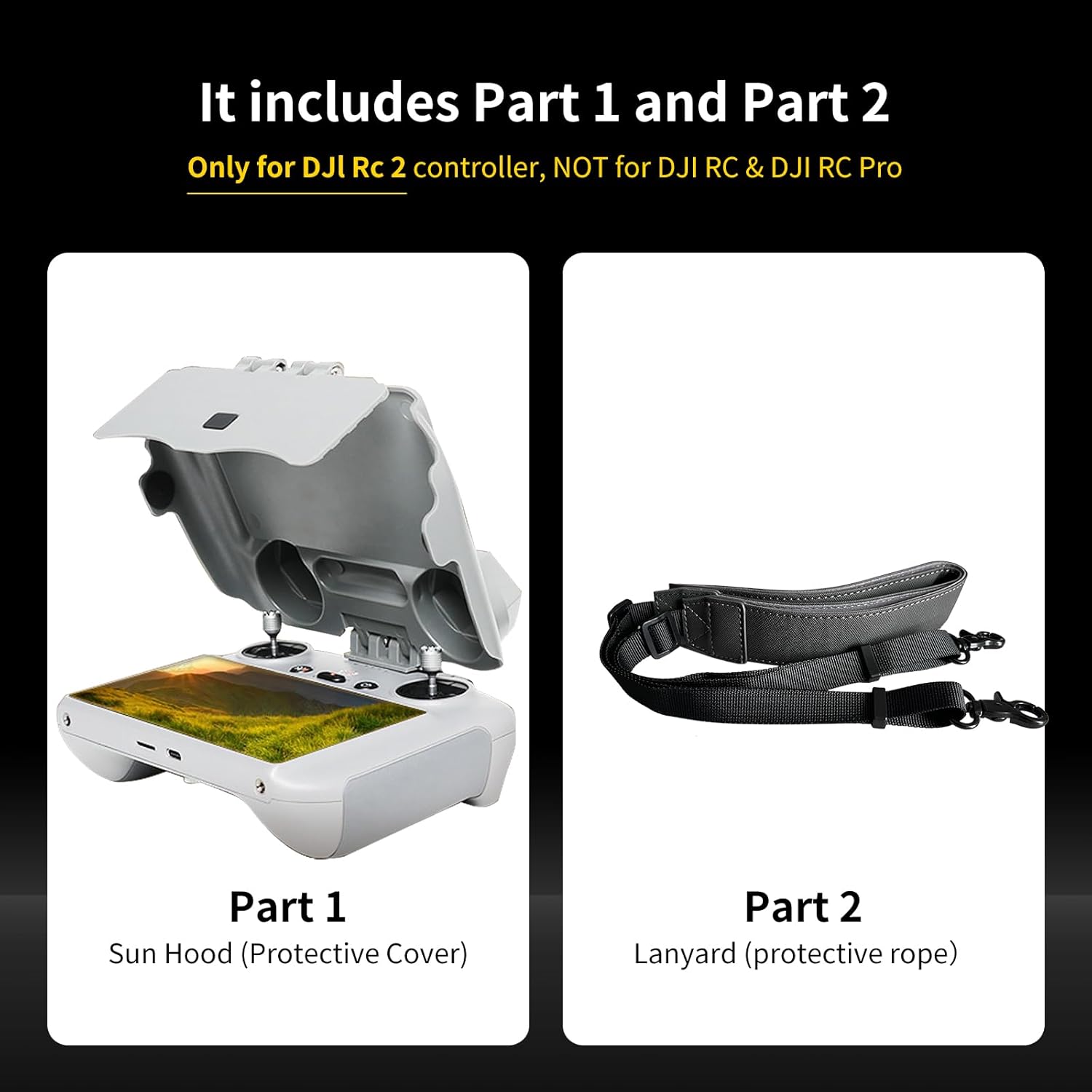 2piece Sun Hood Kit for DJI Mini 4 Pro/Flip/Air 3S/Air 3/RC 2 Controller Accessories - RC 2 Sun Shade Cover & RC 2 Neck Lanyard Bundle Grey