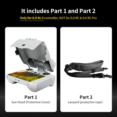 2piece Sun Hood Kit for DJI Mini 4 Pro/Flip/Air 3S/Air 3/RC 2 Controller Accessories - RC 2 Sun Shade Cover & RC 2 Neck Lanyard Bundle Grey