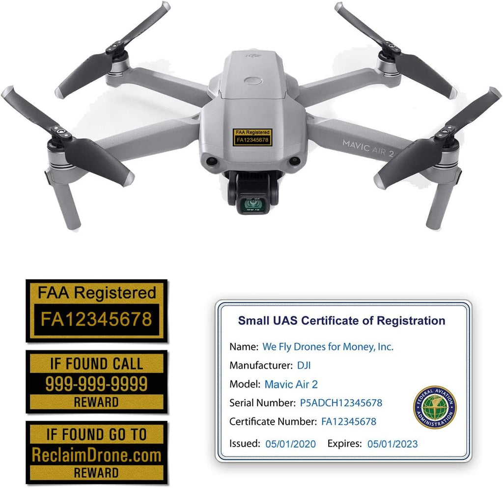 Mavic Air 2 - DJI - FAA Drone Identification Bundle - Labels (3 Sets) + FAA UAS Registration ID Card for Commercial Pilots + 3 to 12 Battery Labels