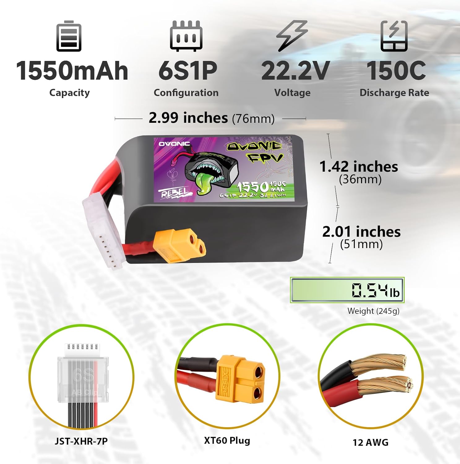 OVONIC 22.2V Lipo 1550 mAh 150C Lipo Battery with XT60 Plug ?2 Pack?