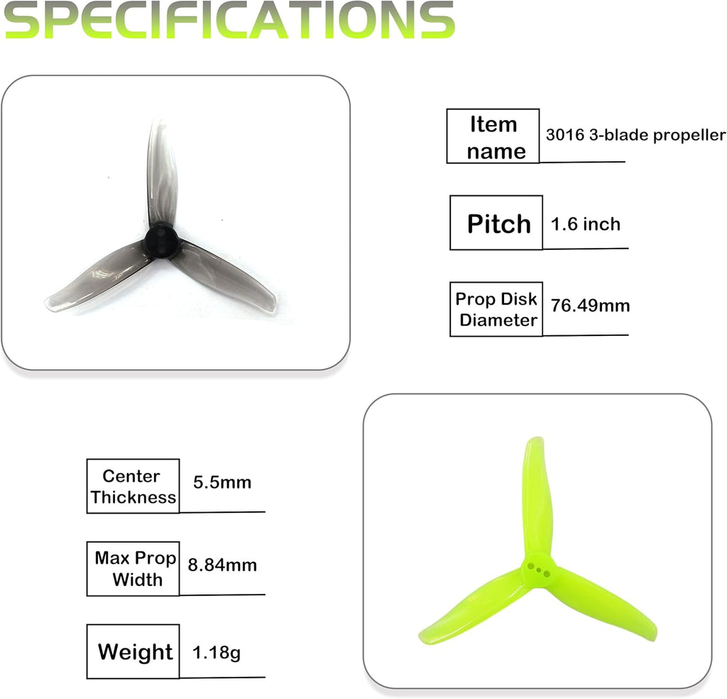 3016 3-Blade 3inch Propeller Props 1.5mm Hole for 1108-1308 Brushless Motors, FPV Racing Drone, Toothpick Quadcopters(Gray+Yellow)