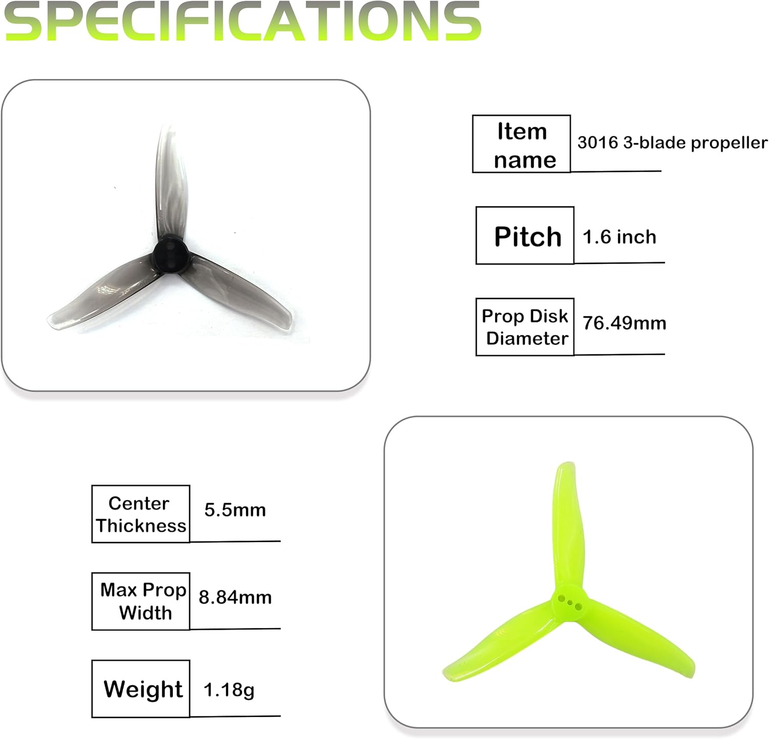 3016 3-Blade 3inch Propeller Props 1.5mm Hole for 1108-1308 Brushless Motors, FPV Racing Drone, Toothpick Quadcopters(Gray+Yellow)
