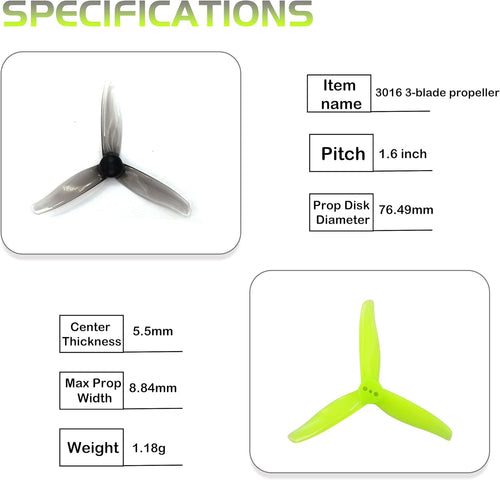 3016 3-Blade 3inch Propeller Props 1.5mm Hole for 1108-1308 Brushless Motors, FPV Racing Drone, Toothpick Quadcopters(Gray+Yellow)