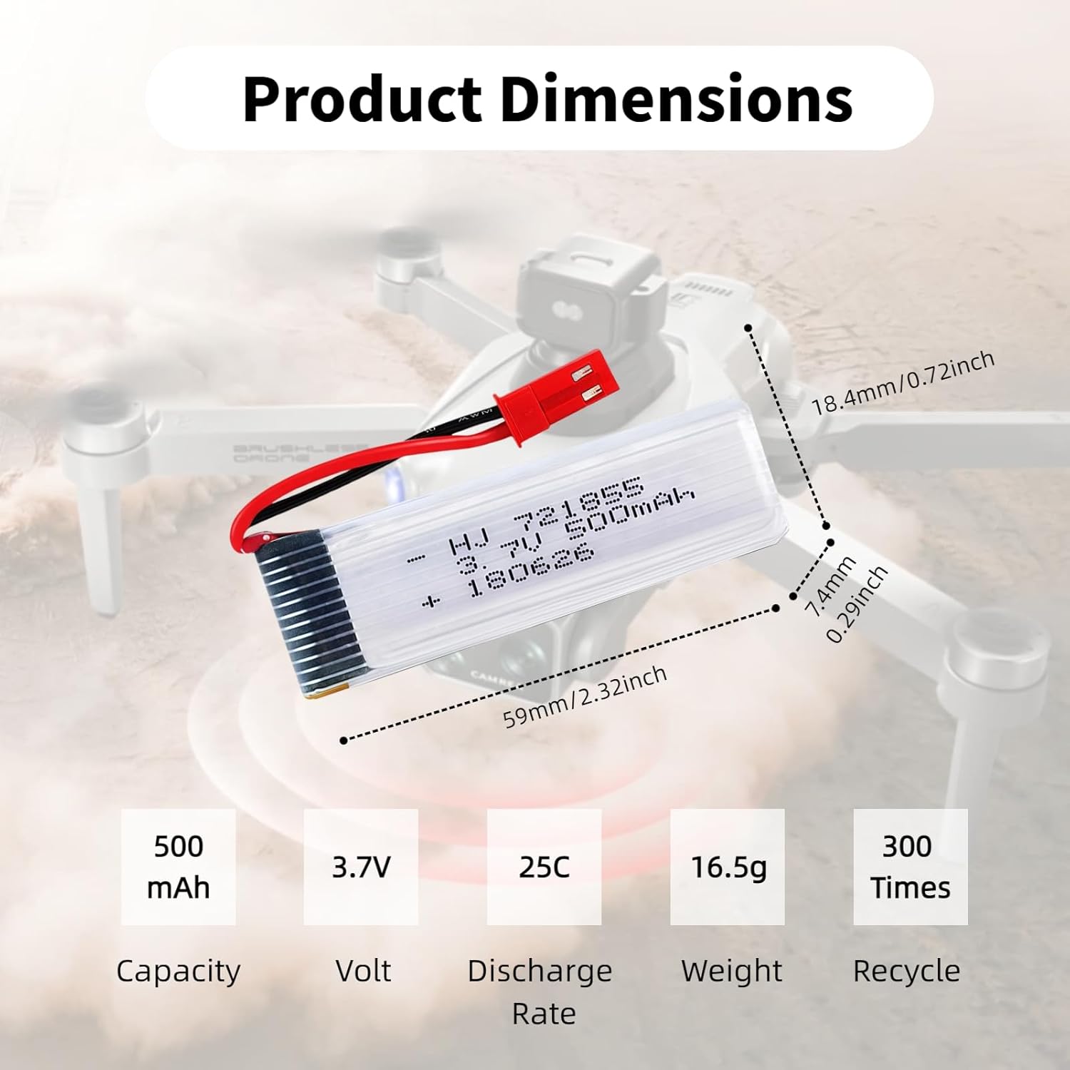 2 Pcs 3.7V 500mAh 25C 721855 JST Plug Rechargeable Lipo Battery with 1S USB Charger for UDI U818A U817A U817 U818A-1 V959 V222 V929 RC Quadcopter Drone
