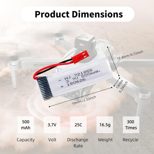 2 Pcs 3.7V 500mAh 25C 721855 JST Plug Rechargeable Lipo Battery with 1S USB Charger for UDI U818A U817A U817 U818A-1 V959 V222 V929 RC Quadcopter Drone