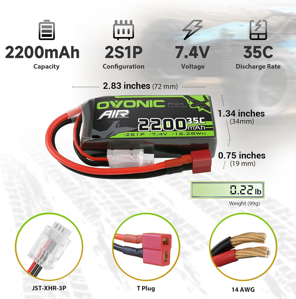 OVONIC 2S Lipo Battery 35C (Burst 70C) 2200mAh 7.4V Lipo Battery with Dean-Style T Connector for RC Airplane Helicopter Quadcopter FPV Racing Drone(2 Packs)