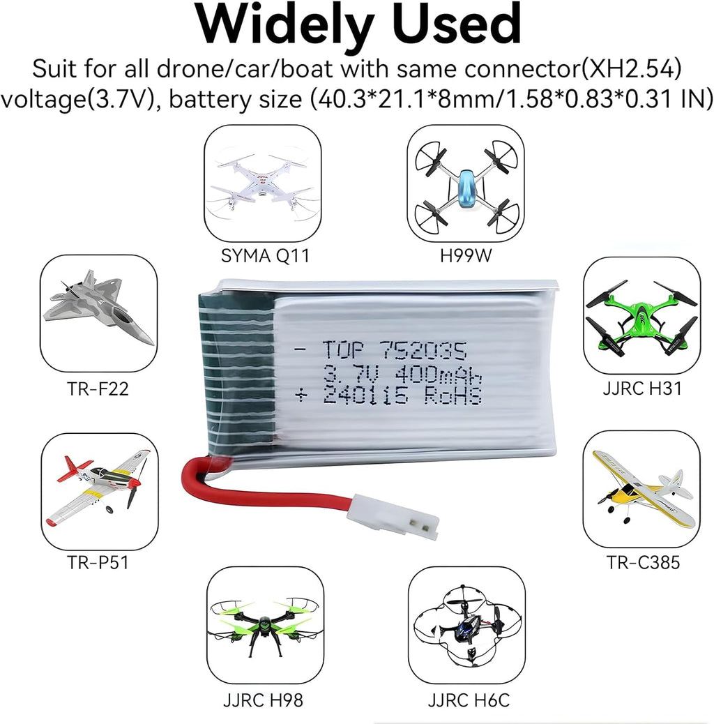 3.7V 400Mah Lipo Battery - 5Pcs Drone Batteries with 5-in-1 USB Charger for Syma Q11 H99W H31 H6C H98 TR-C385 TR-P51 TR-F22 Quadcopter Parts Aircraft Drones Lithium Battery Rechargeable AT-96