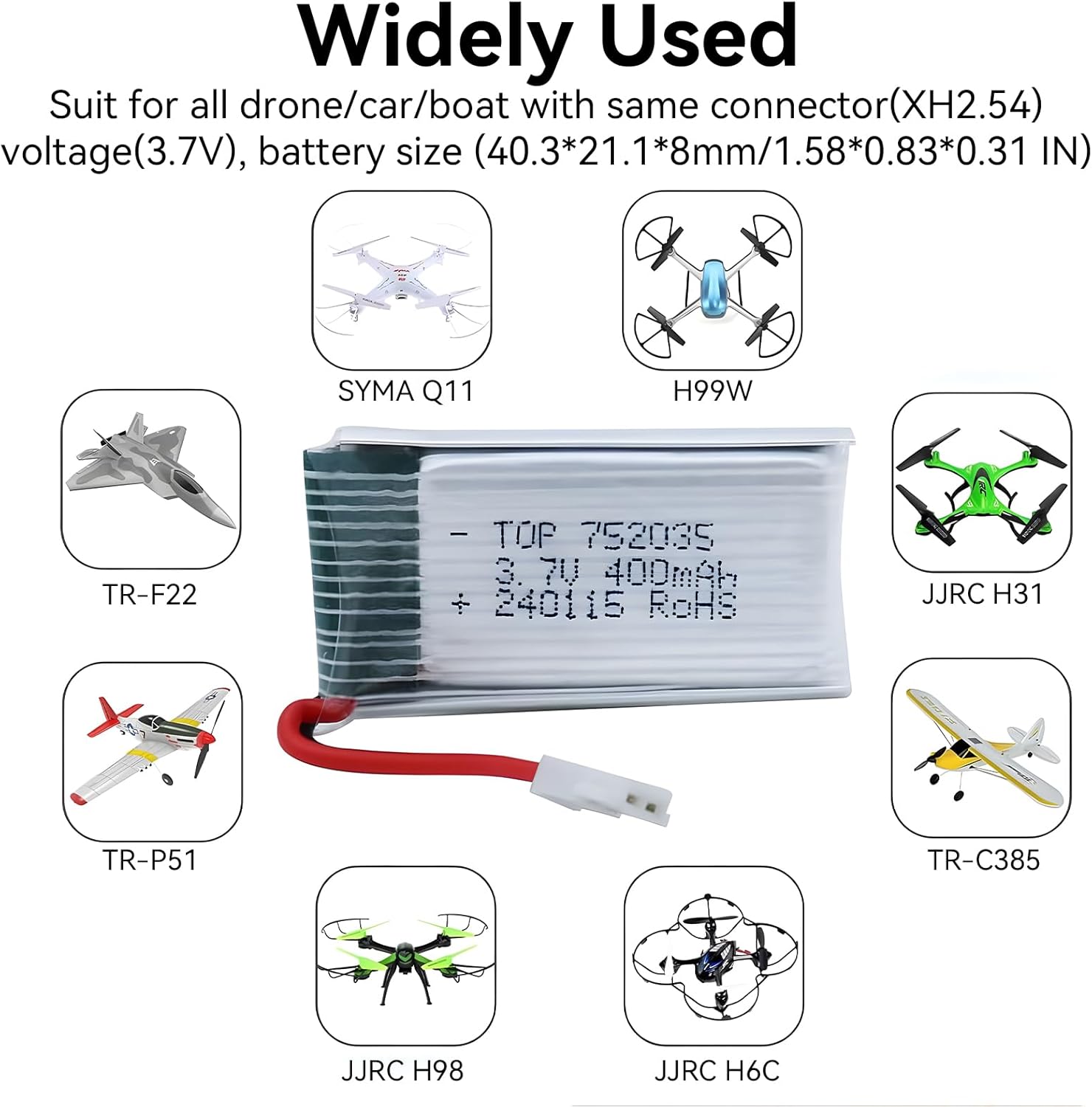 3.7V 400Mah Lipo Battery - 5Pcs Drone Batteries with 5-in-1 USB Charger for Syma Q11 H99W H31 H6C H98 TR-C385 TR-P51 TR-F22 Quadcopter Parts Aircraft Drones Lithium Battery Rechargeable AT-96