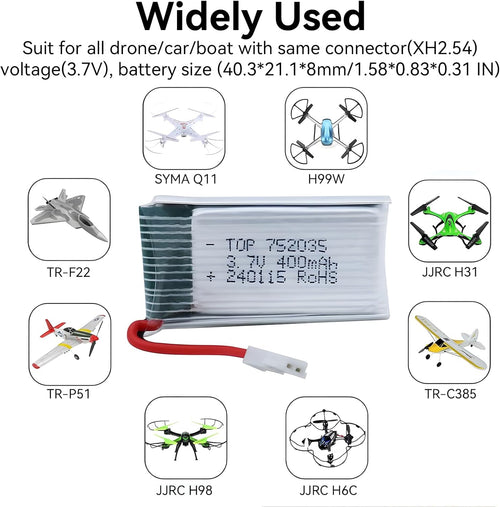 3.7V 400Mah Lipo Battery - 5Pcs Drone Batteries with 5-in-1 USB Charger for Syma Q11 H99W H31 H6C H98 TR-C385 TR-P51 TR-F22 Quadcopter Parts Aircraft Drones Lithium Battery Rechargeable AT-96