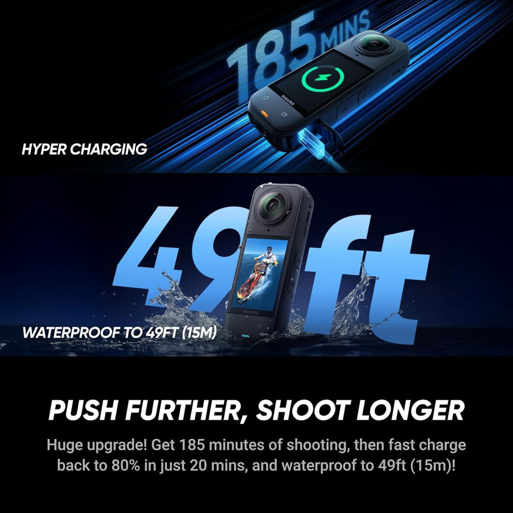 Insta360 X5 Extended Selfie Stick Drone View Bundle ((3m/9.8ft))-8K Waterproof 360 Action Camera with 1/1.28 48MP Sensors, 8K 360 HDR Video|Bundle Includes 3m Selfie Stick, Lens Cap (256GB)